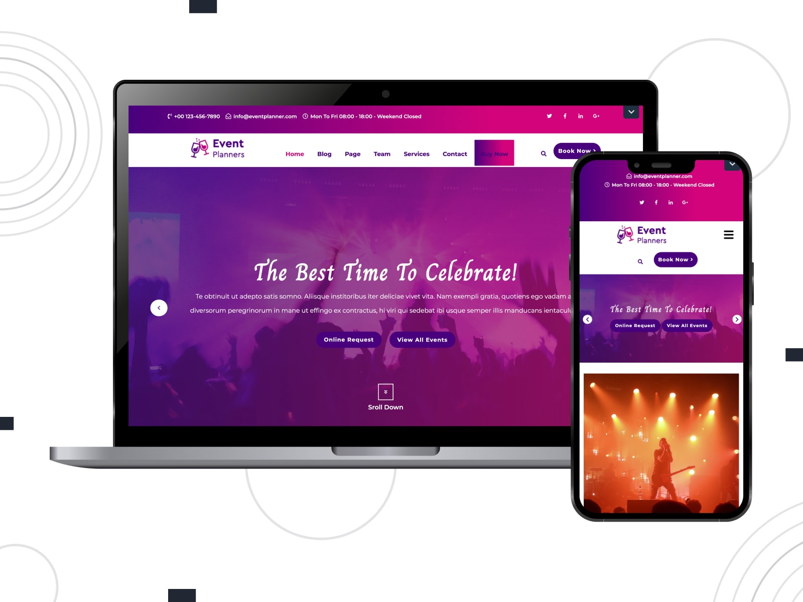Collage of the free VW Event Planner party rental website template for WordPress demo page in violet and orange colors.
