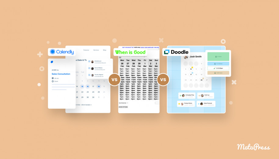 Collage of the WhenIsGood, Calendly and Doodle software.