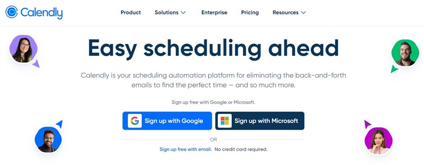 Screenshot of the Calendly booking software homepage in blue and white colors.