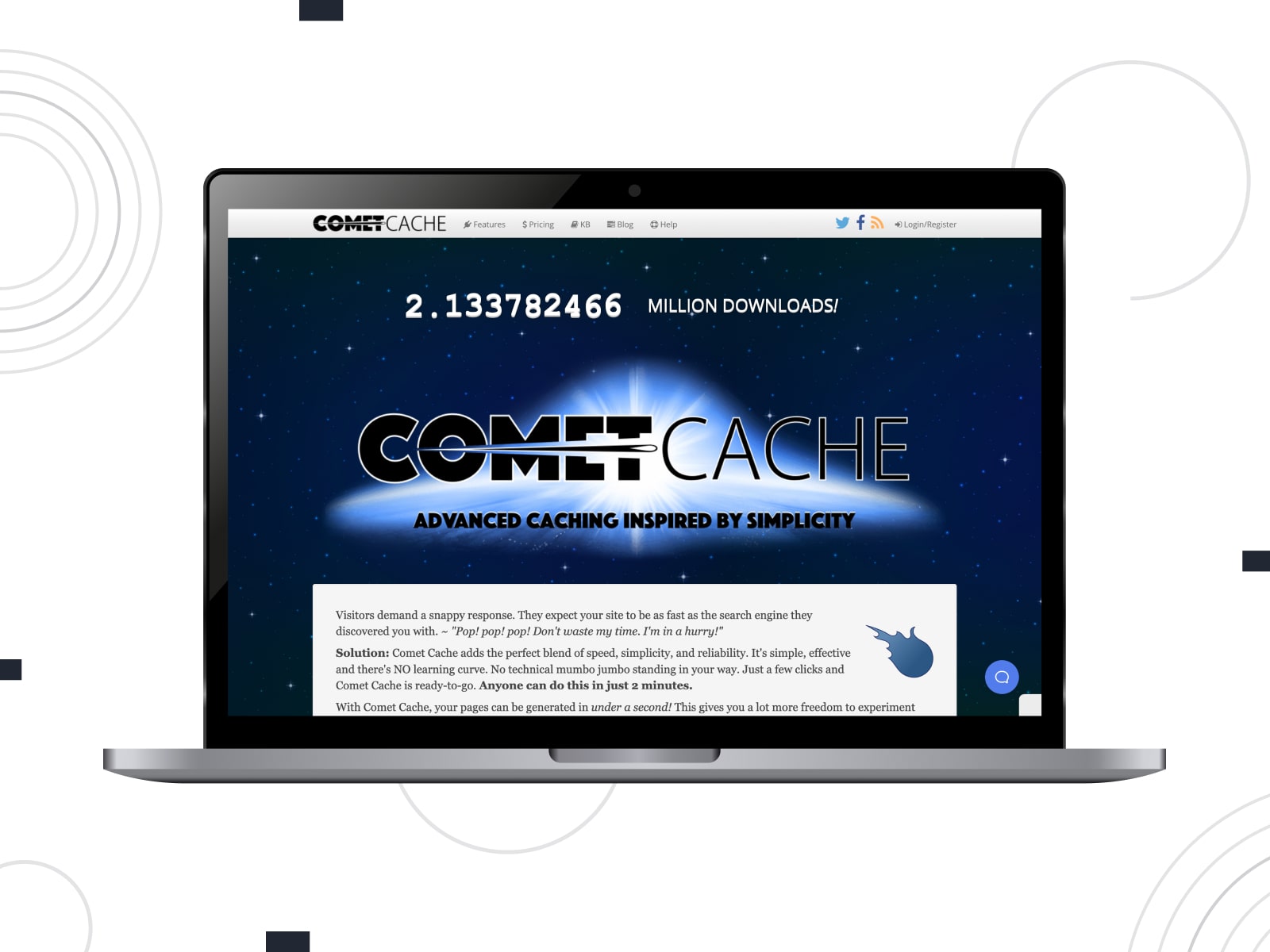 Collage of the Comet Cache WordPress plugin homepage in blue and black colors.