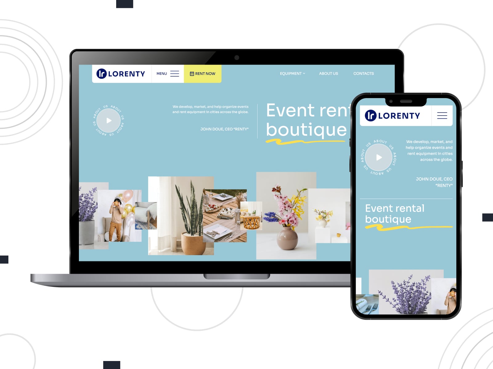 Collage of the Lorenty party rental website template for WordPress websites in blue, yellow and gray colors.