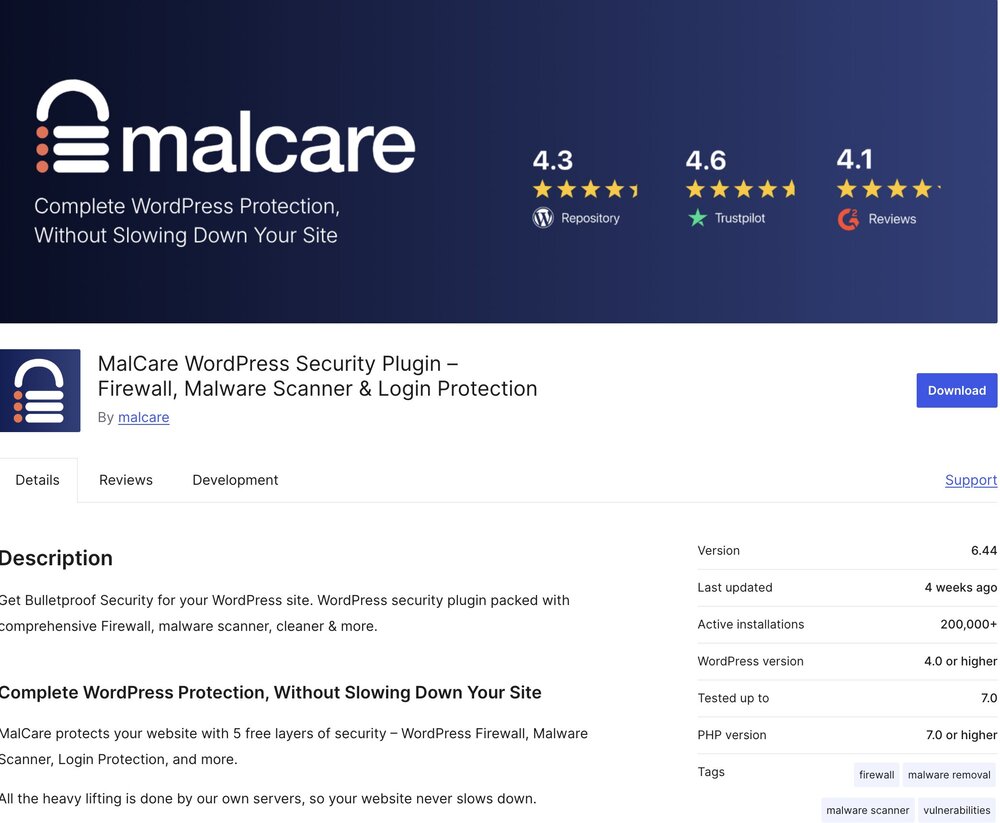 Screenshot of the Malcare security plugin.