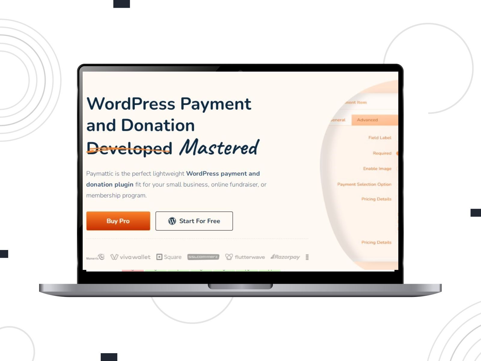 Collage of the Paymattic WordPress plugin homepage on the desktop screen.