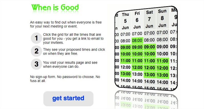 Screenshot of the WhenIsGood scheduling software homepage in white, green and black colors.
