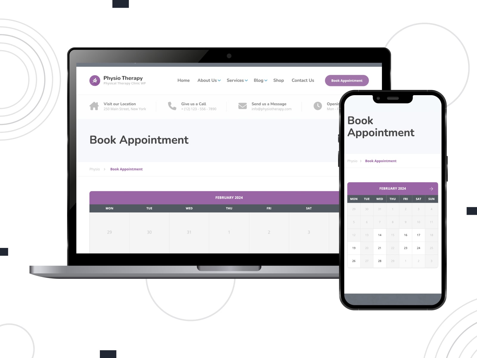 Graphic of Physio, online booking calendar template, suitable for healthcare websites & compatible with WooCommerce.