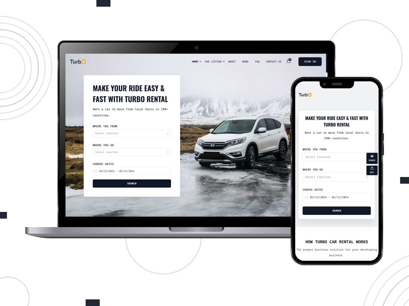 Illustration of Turbo, one of the modern & clean appointment booking WordPress themes with 6+ demos for car & bike rental websites.