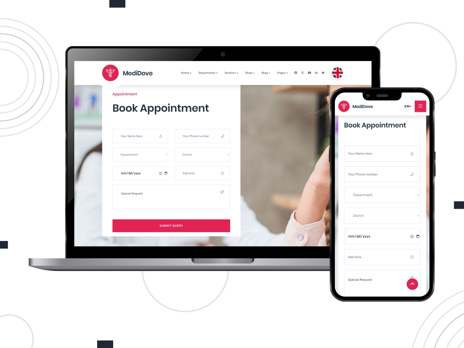 Portrait of MediDove, one of the professionally designed appointment booking WordPress themes with diverse header designs.