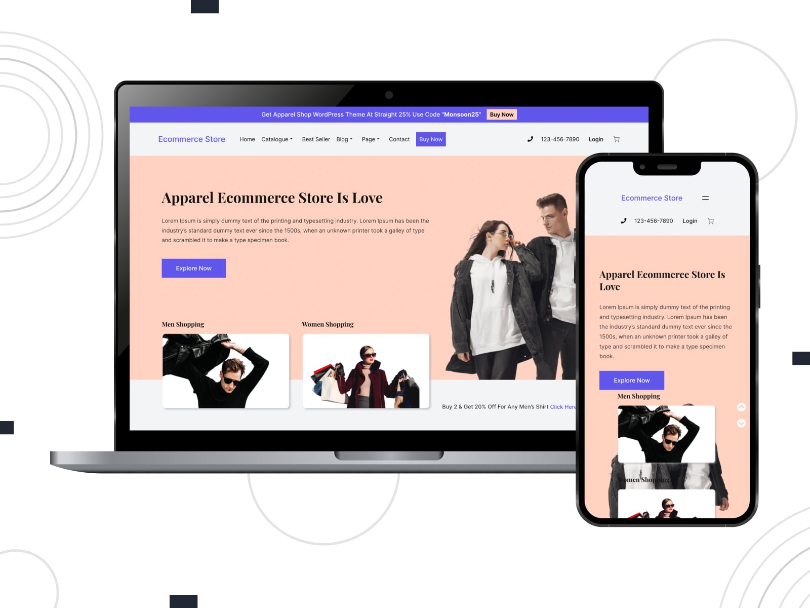 Picture of Apparel Ecommerce Store, one of the best free WordPress eCommerce themes with ready-made catalog categories.