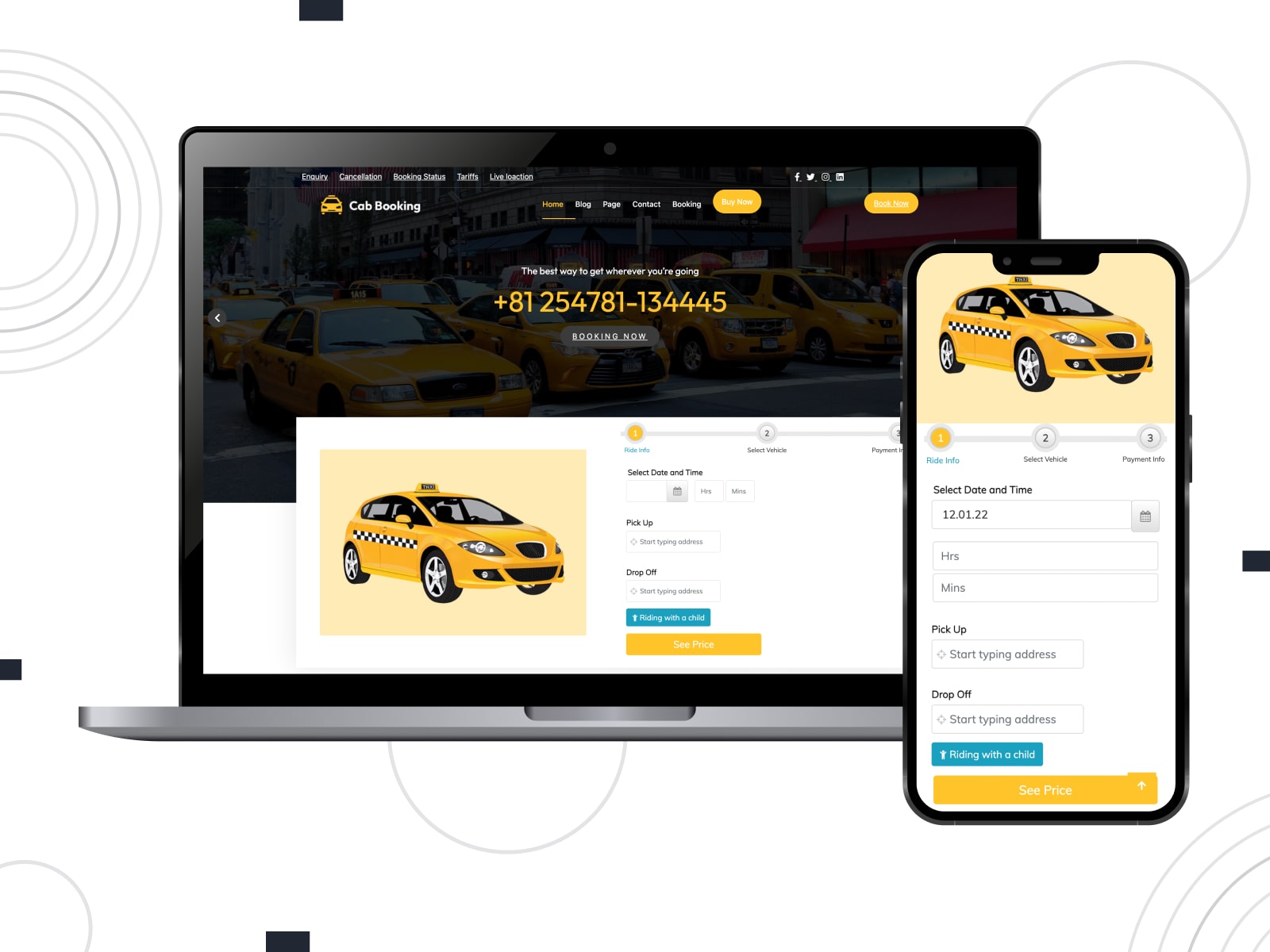 Visual of Taxi Booking, one of the free appointment booking WordPress themes delivering smooth scrolling animations.