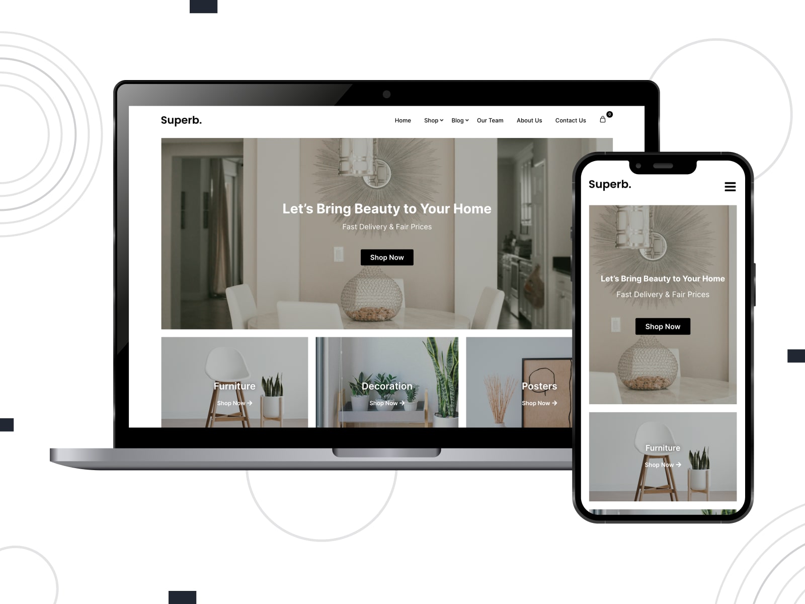 Graphic of Minimalist eCommerce, a free responsive eCommerce WordPress theme with an easy-to-customize menu.