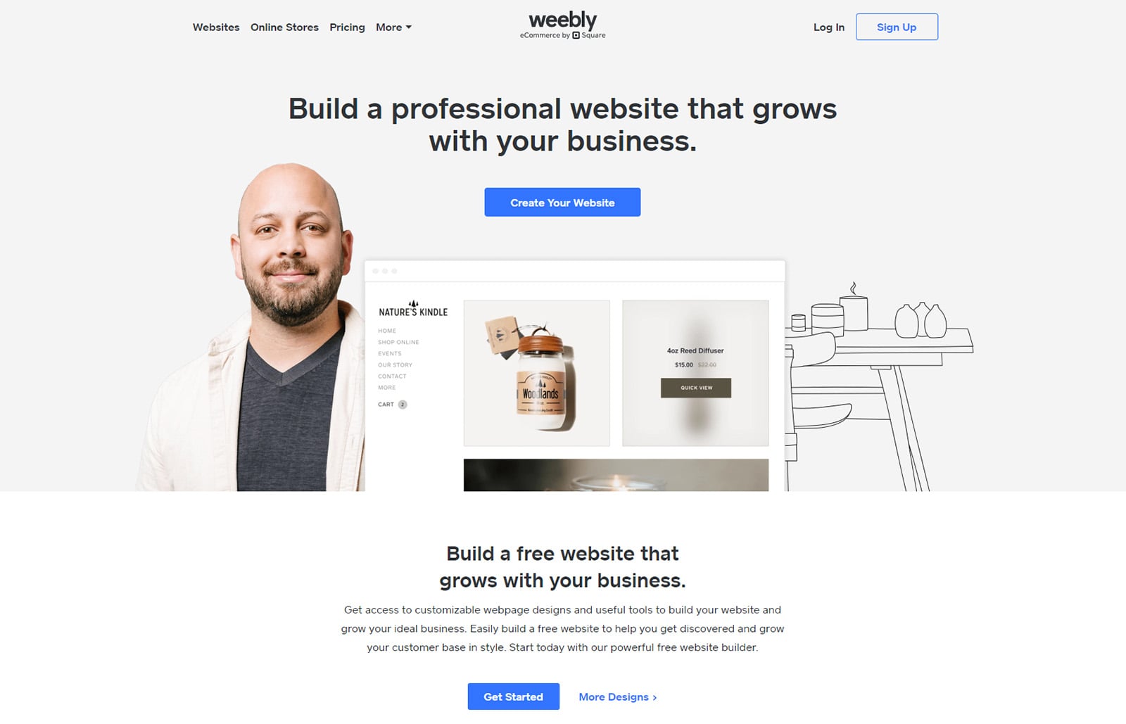 Visual of Weebly, an easy-to-use visual website editor with diverse categories of pre-designed website themes.