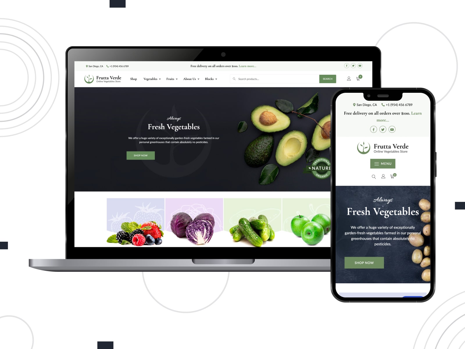 Picture of Frutta Verde, one of the best premium WordPress eCommerce themes with pre-designed product categories.