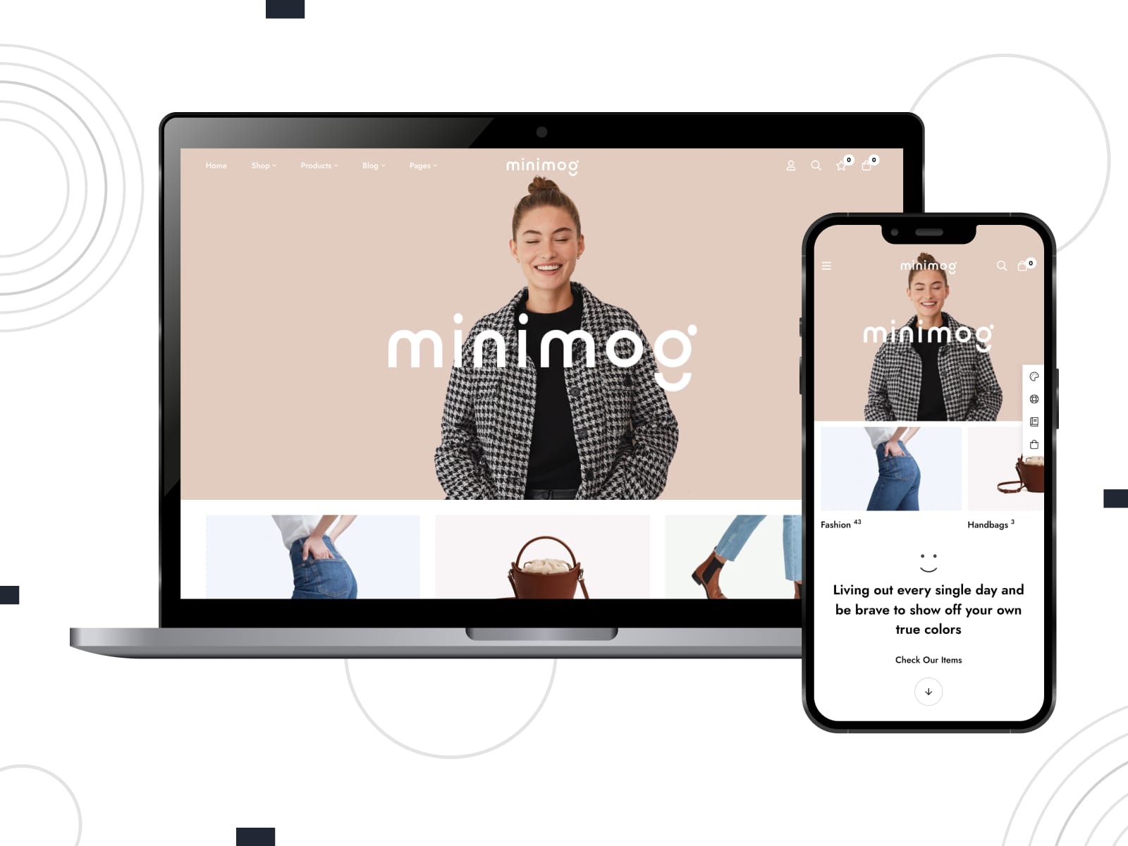 Illustration of MinimogWP, a premium eCommerce theme for WordPress sites with 20+ Shop & Product pages.