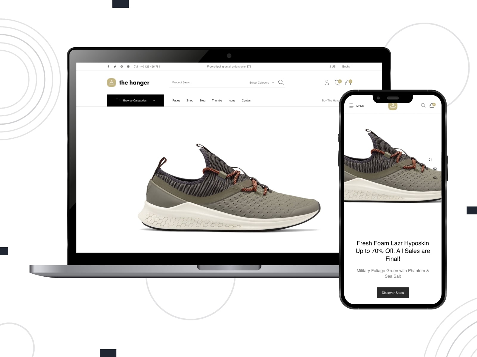 Graphic of The Hanger, a flexible eCommerce WordPress solution with a mobile-friendly & responsive design.