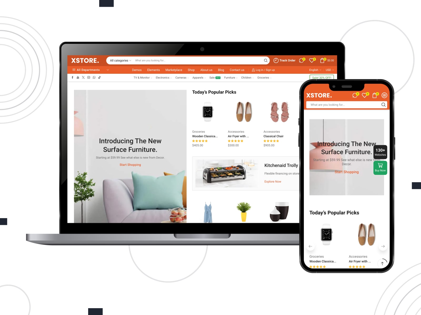 Visual of XStore, a customizable premium eCommerce theme for WordPress sites with a variety of WooCommerce features.