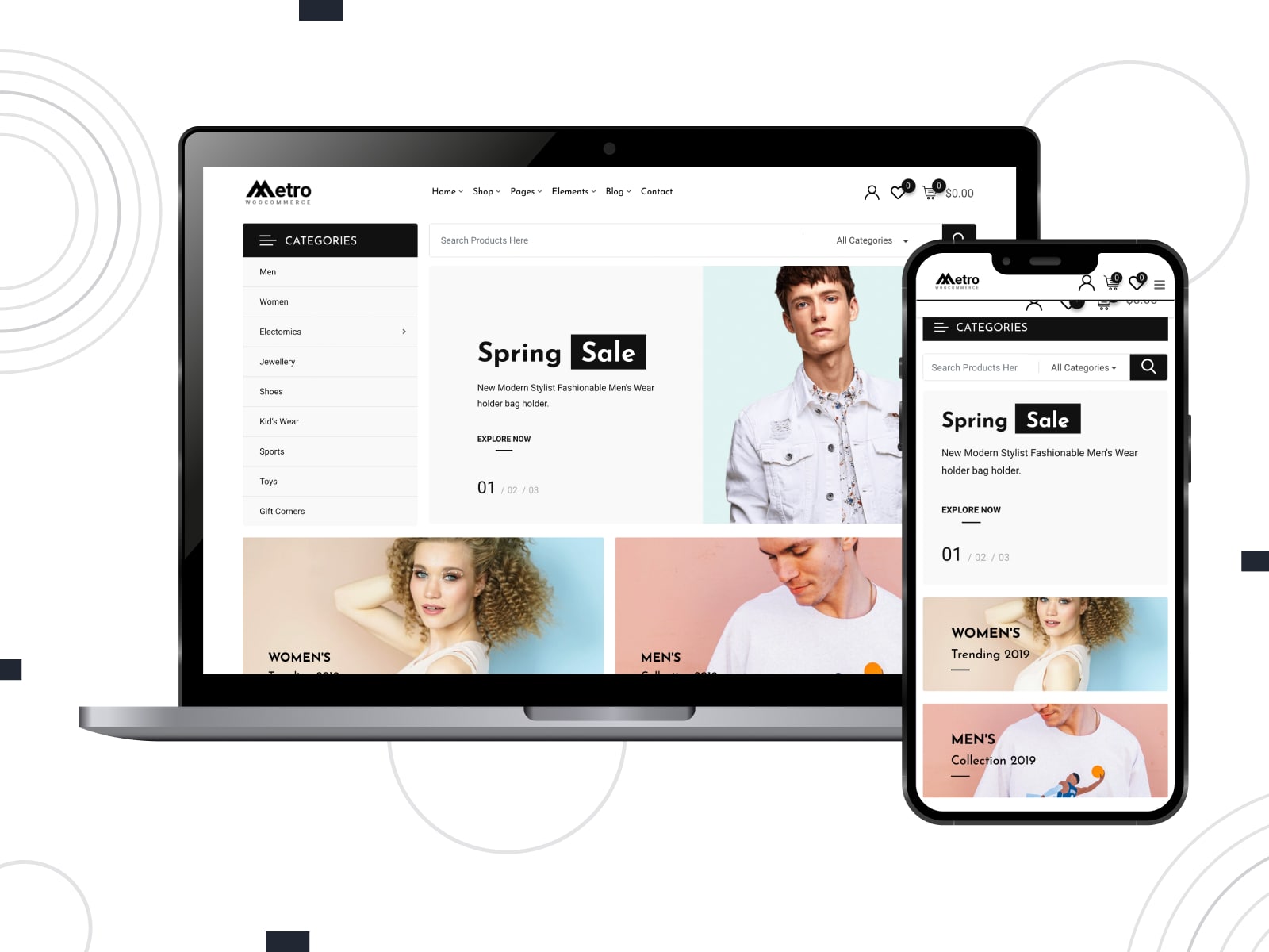 Illustration of Metro, one of the best premium WordPress eCommerce themes with 6+ unique header variations.