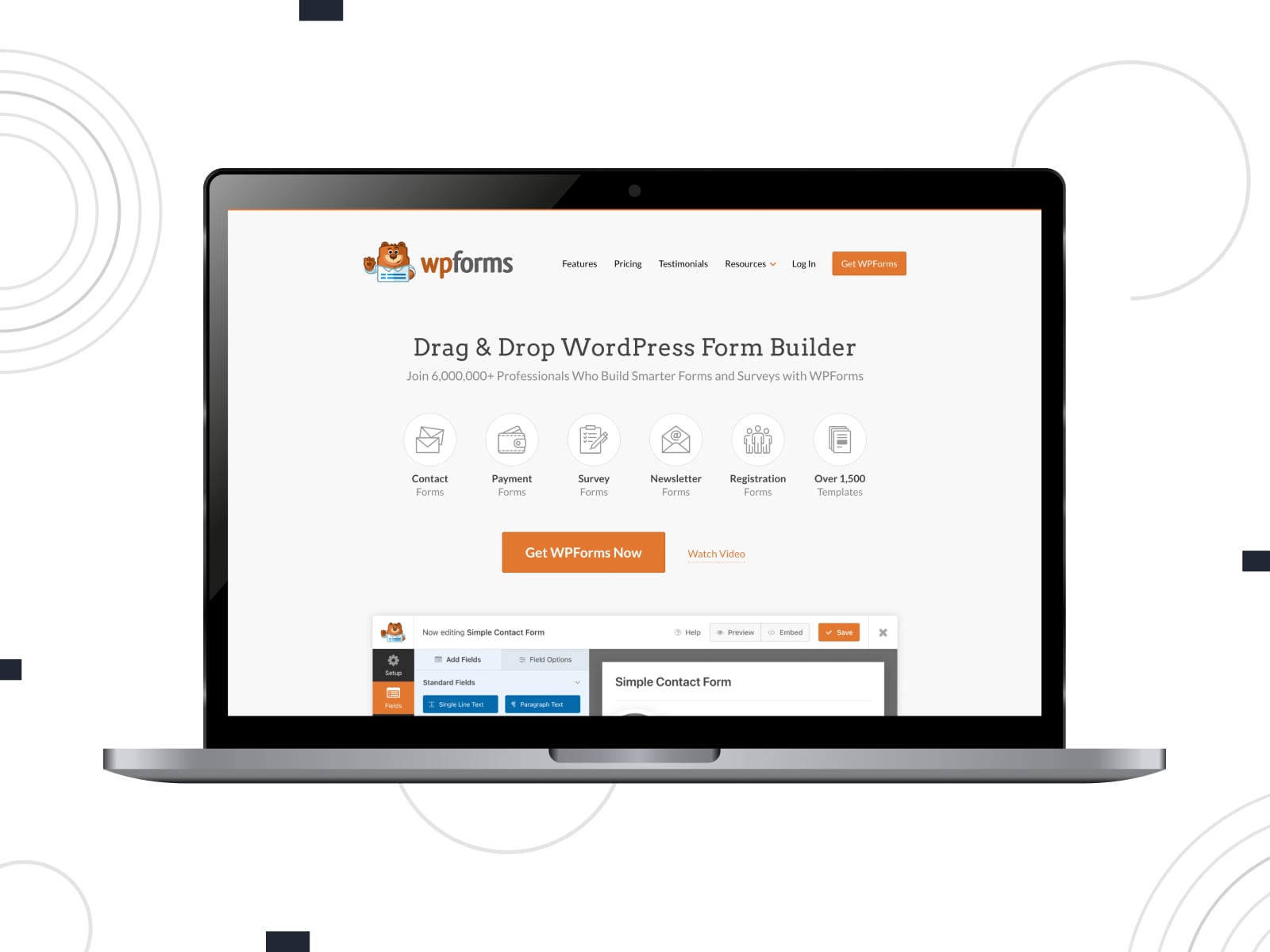 Graphic of WPForms, a plugin for WordPress eCommerce themes with multiple pre-made form templates.