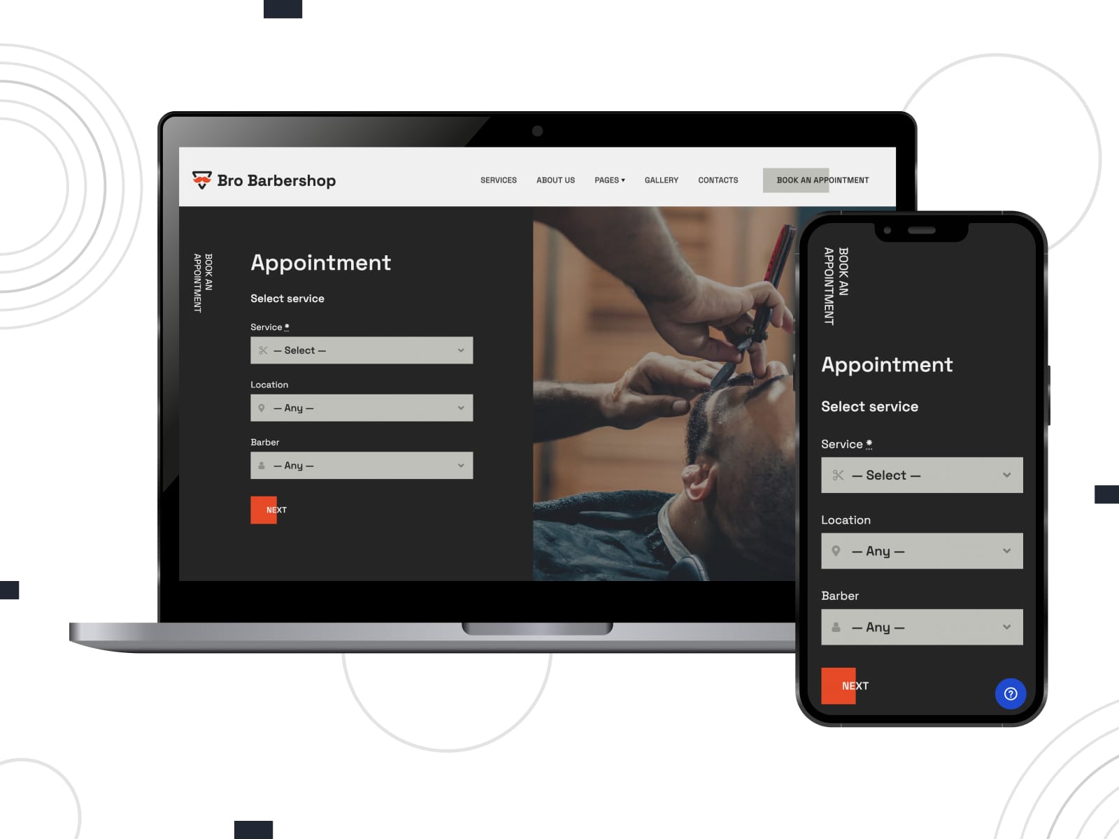 Picture of Bro Barbershop, a free and responsive barbershop website design with appointment booking functionality.