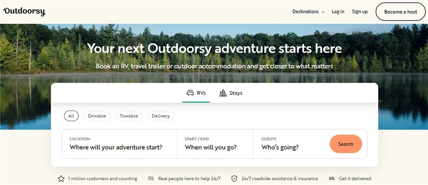 Screenshot of the Outdoorsy rental marketplace to rent out your camper.