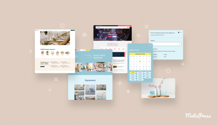 Collage of the best party rental website templates for WordPress on the beige background.
