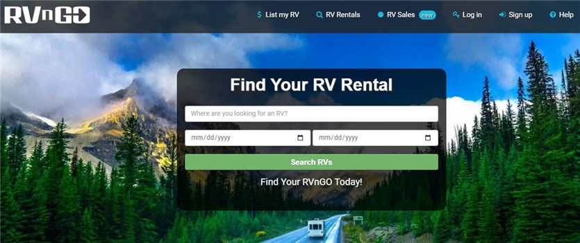 Screenshot of the RVnGO homepage to rent out your camper on a rental marketplace.