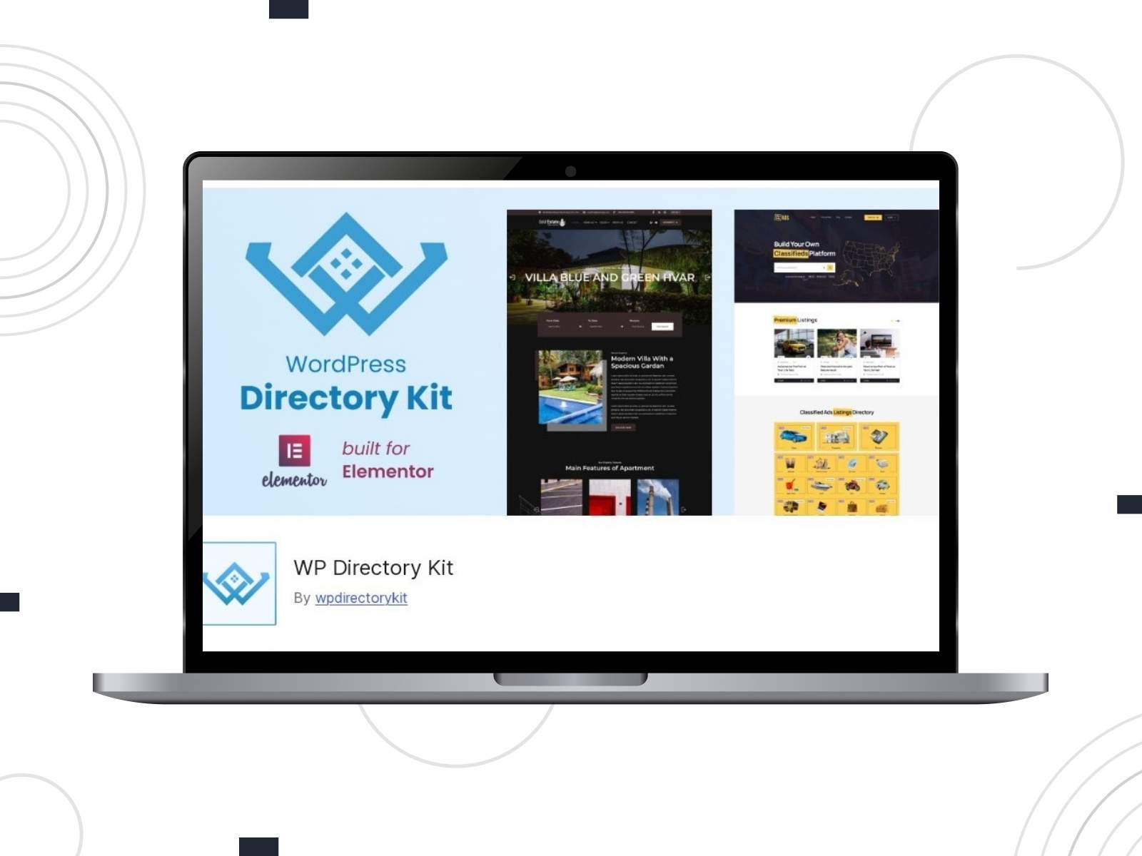 Collage of the WP Directory Kit free real estate WordPress plugins demos.