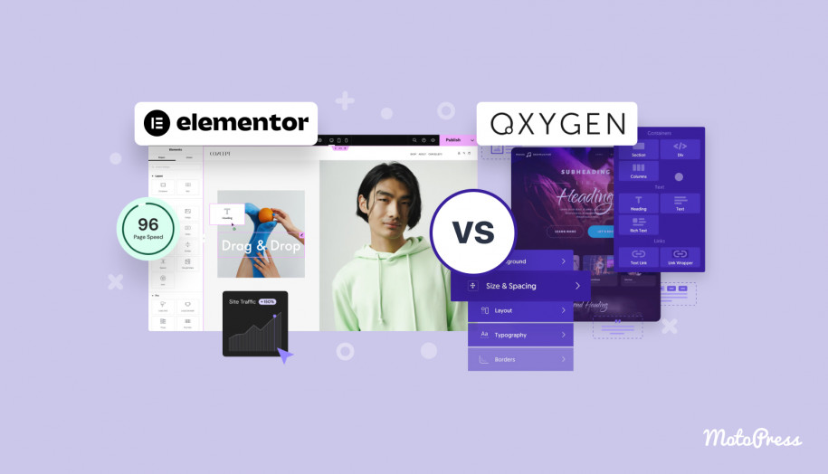 Collage of the Oxygen Builder vs Elementor comparison.