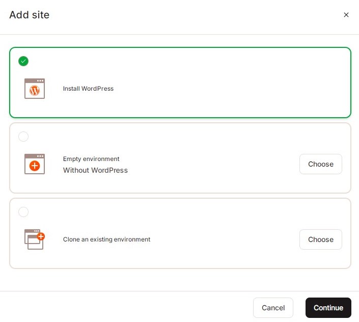Screenshot of the options to add sites to the Kinsta web hosting account.