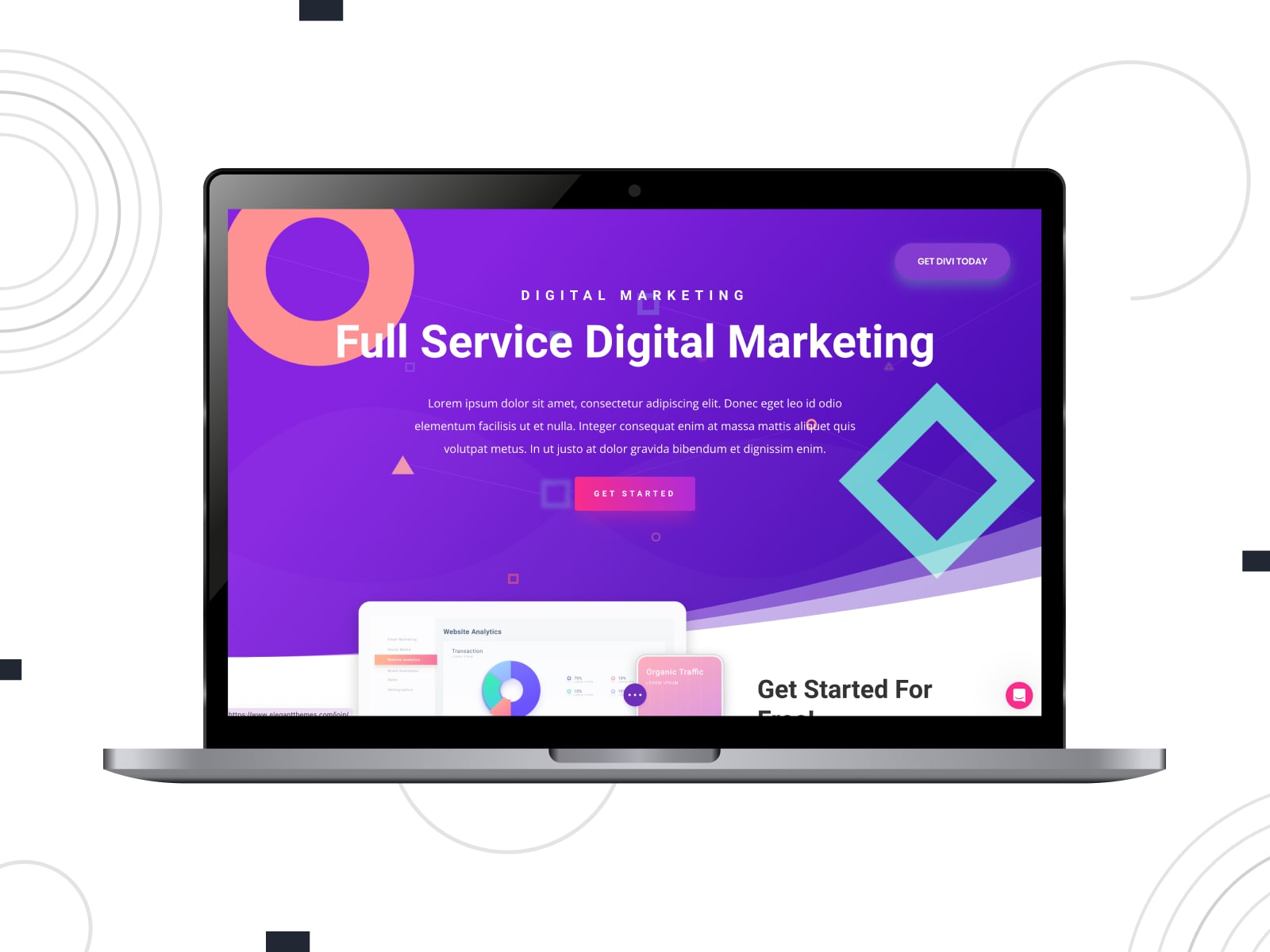 Collage of the Divi website page builder homepage in violet and white colors.