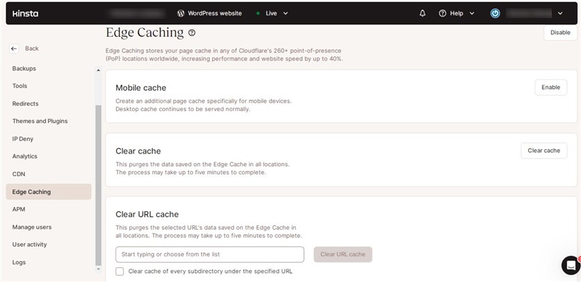 Screenshot of the Edge Caching menu in the Kinsta web hosting dashboard.