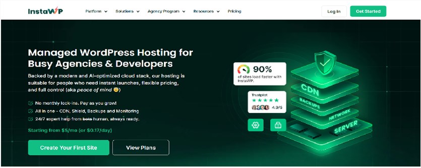 Screenshot of the InstaWP hosting homepage.