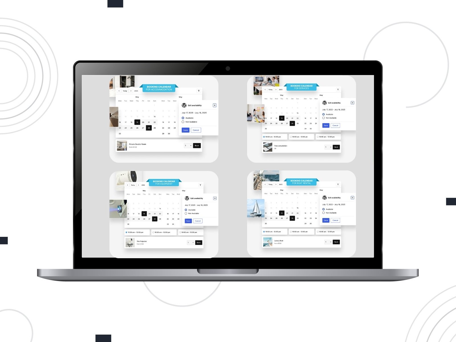 Collage of the MotoPress Booking Calendar examples.