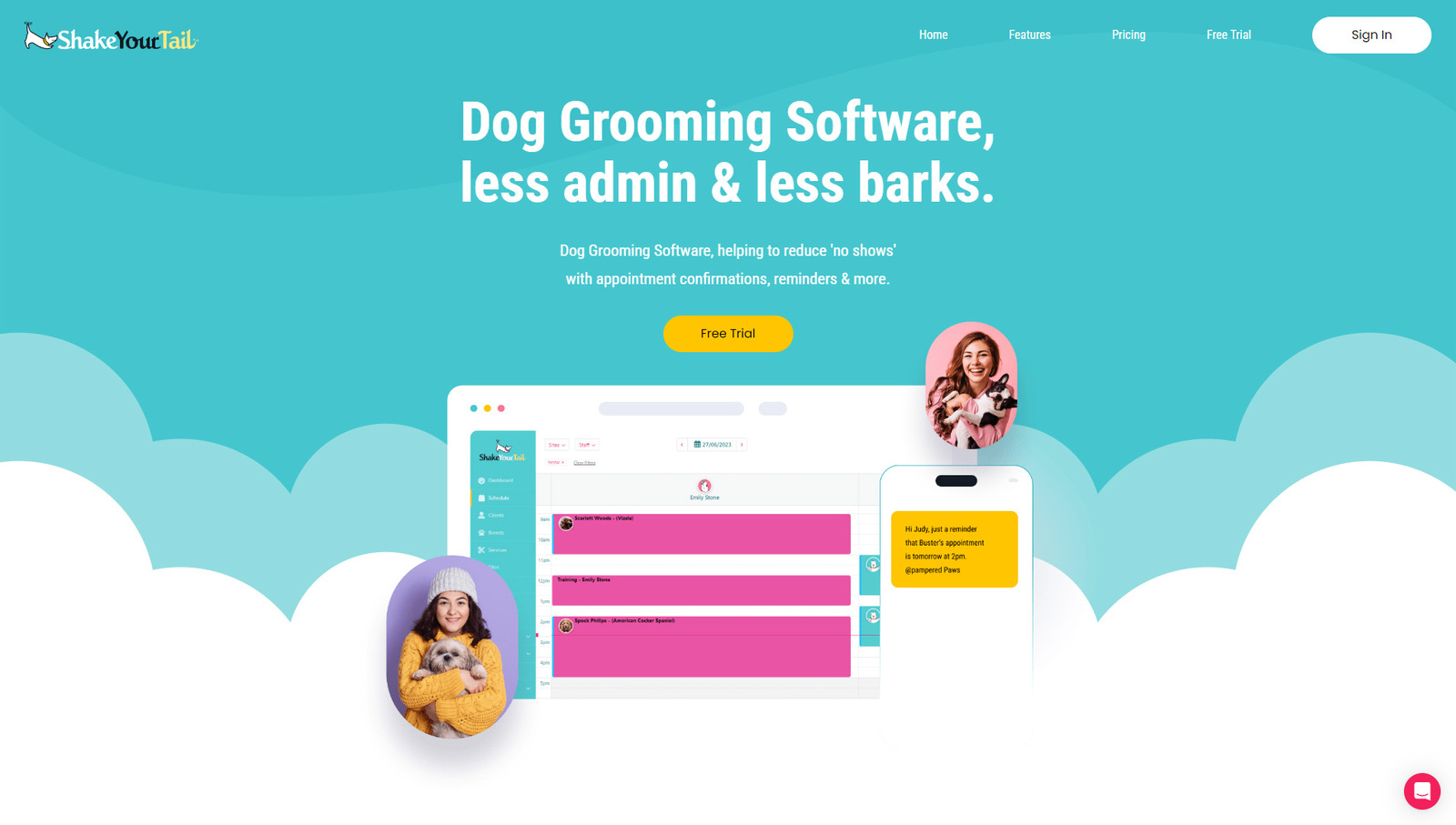 Graphic of ShakeYourTail, a pet grooming software suite.