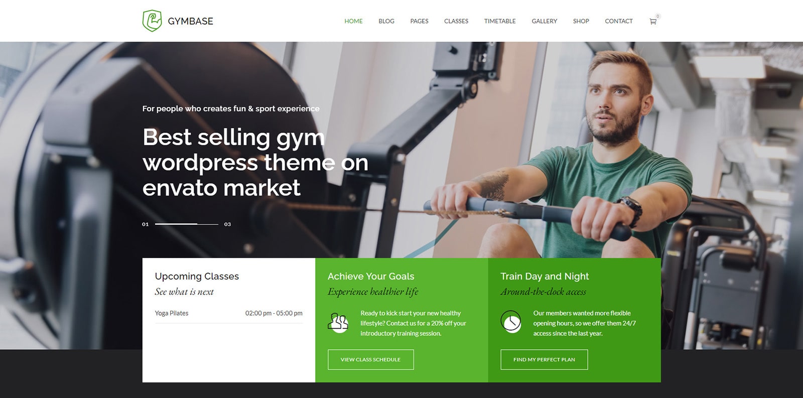 Visual of GymBase, an efficient and easy-to-edit WordPress theme for gyms.