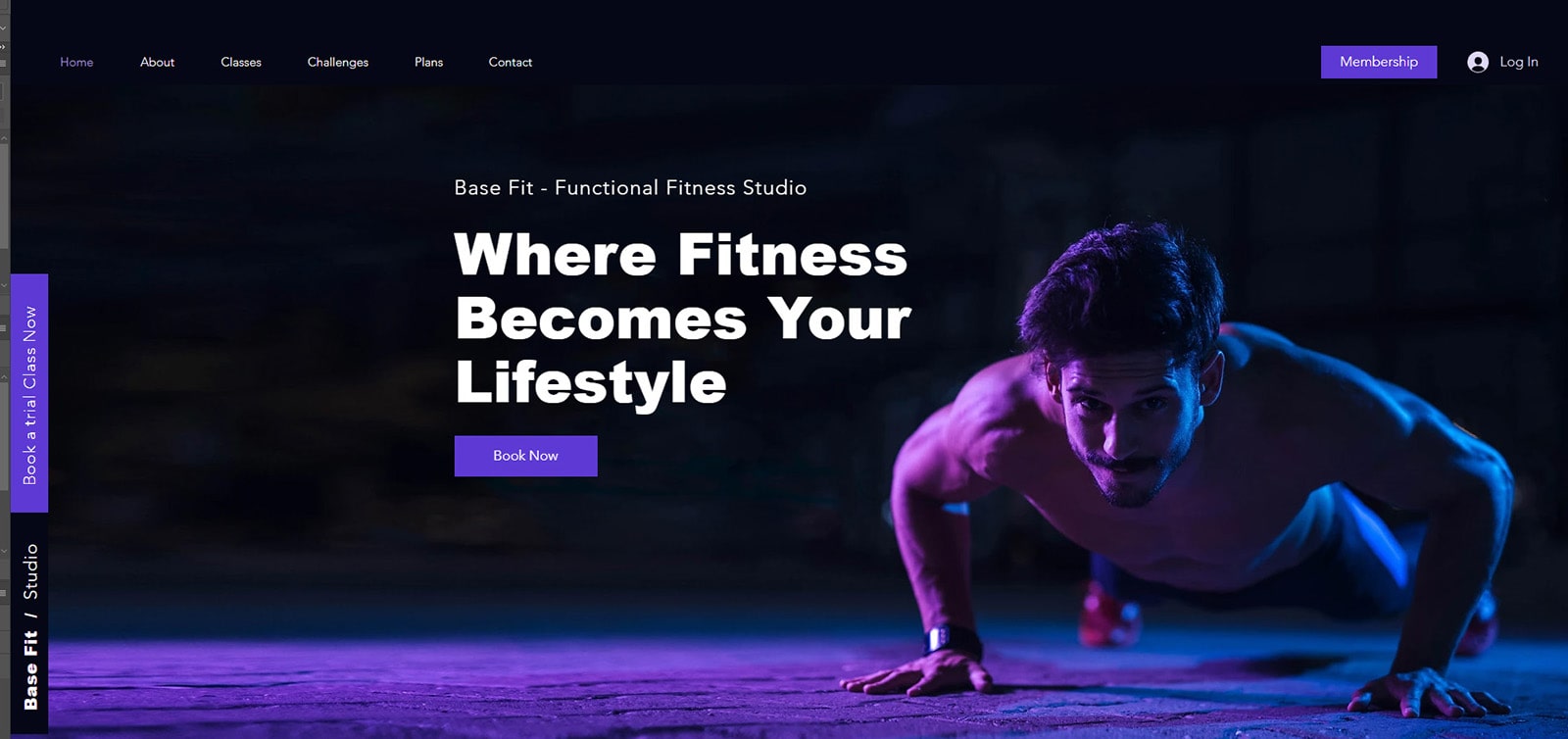Graphic of Base Fit, a Wix template offering a clean gym website design.