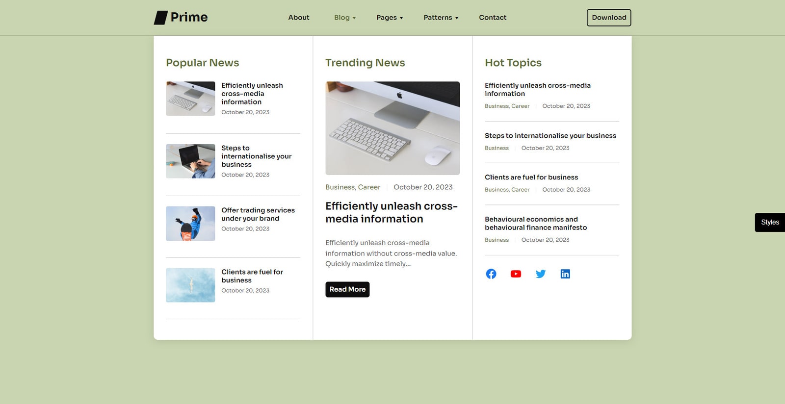 Visual of an applied global style of Prime FSE WordPress full-site editing theme and its mega menu.