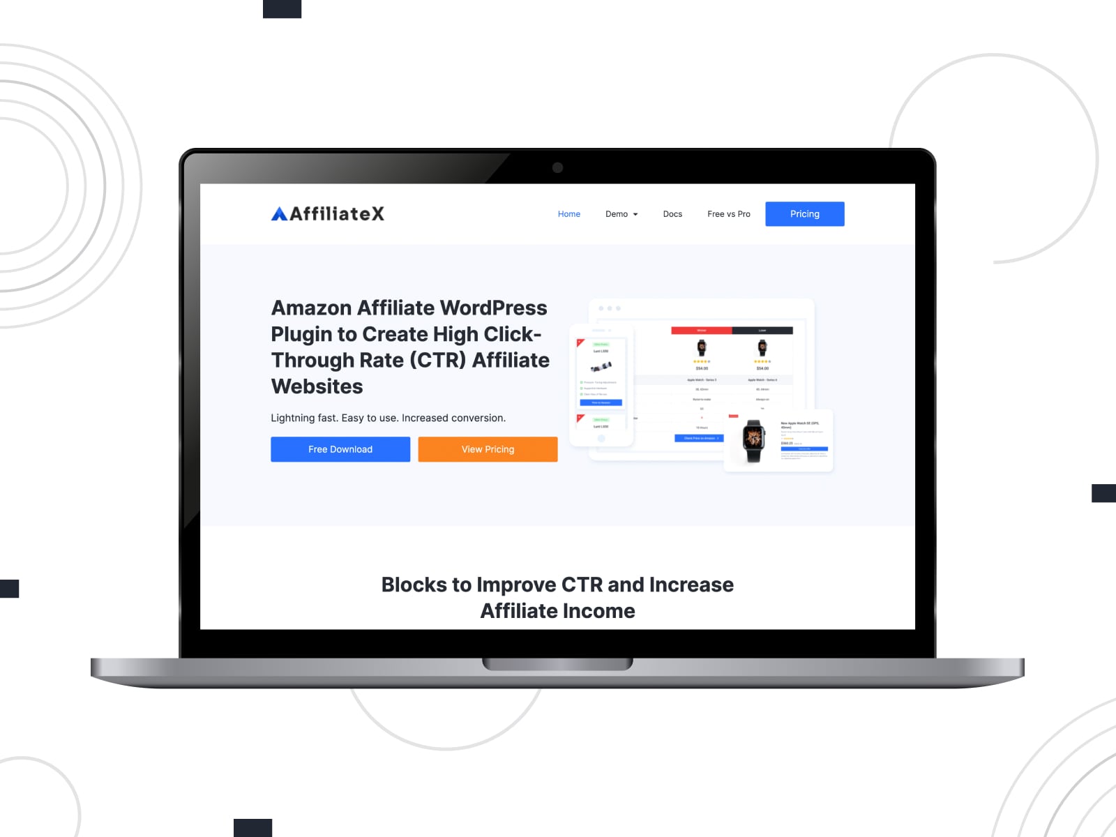 Illustration of AffiliateX, an affiliate WordPress plugin for Amazon sellers with 10 pre-defined pricing blocks.