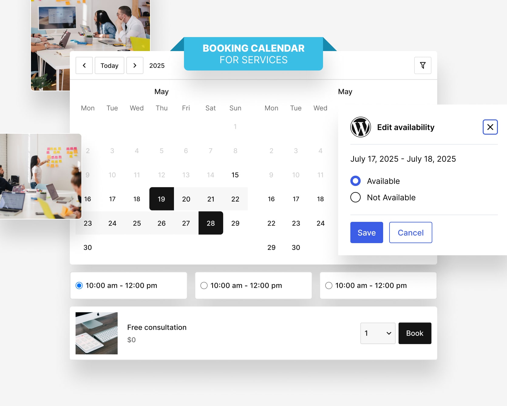 Collage of the MotoPress Booking Calendar plugin for services.