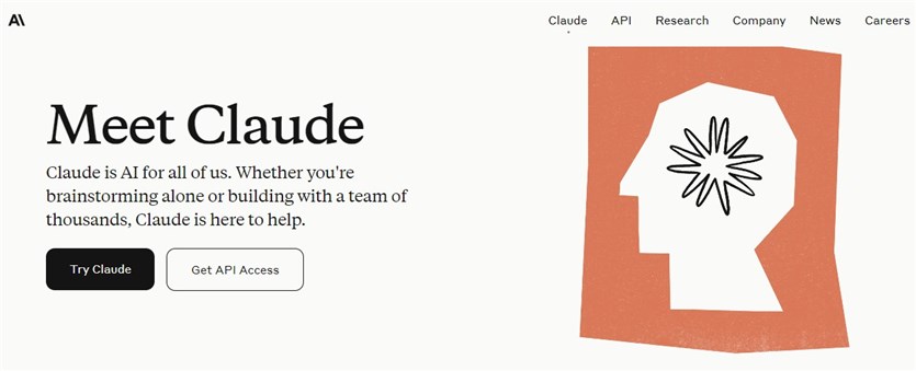 Screenshot of the Claude AI platform homepge in white, black, and orange colors.
