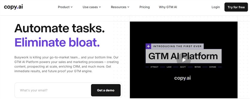 Screenshot of the Copy.ai platfrom homepage in white, violet and black colors.