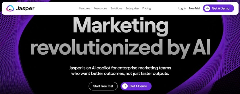 Screenshot of the Jasper marketing AI tool homepage in violet, black and white colors.