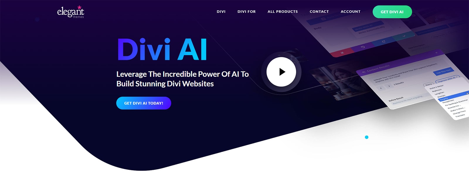 Graphic of Divi, an AI-powered website builder with image & text content generation.