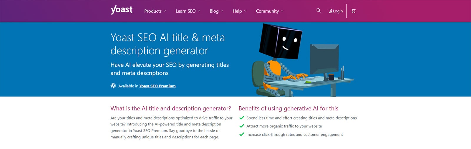 Visual of Yoast SEO, a top-rated WordPress solution for SEO with meta title & description generation.