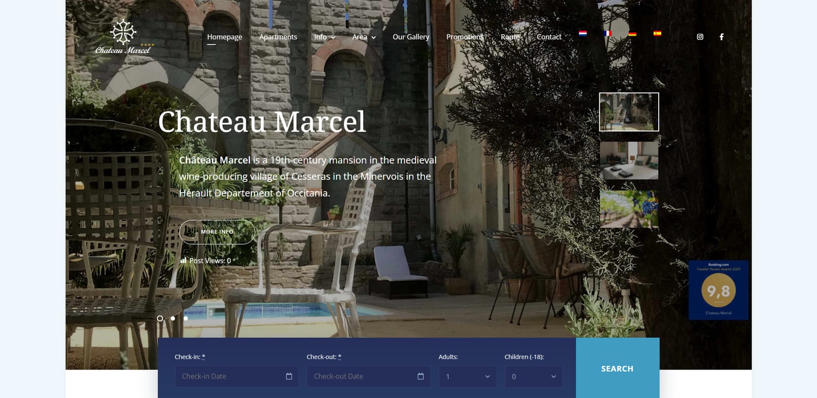 Picture of Chateau Marcel, a hotel website design example with a quick and simple room search.