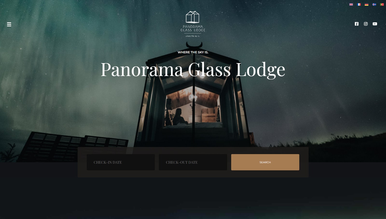 Photograph of Panorama Glass Lodge, a hotel website design example with guest reviews & FAQ sections.