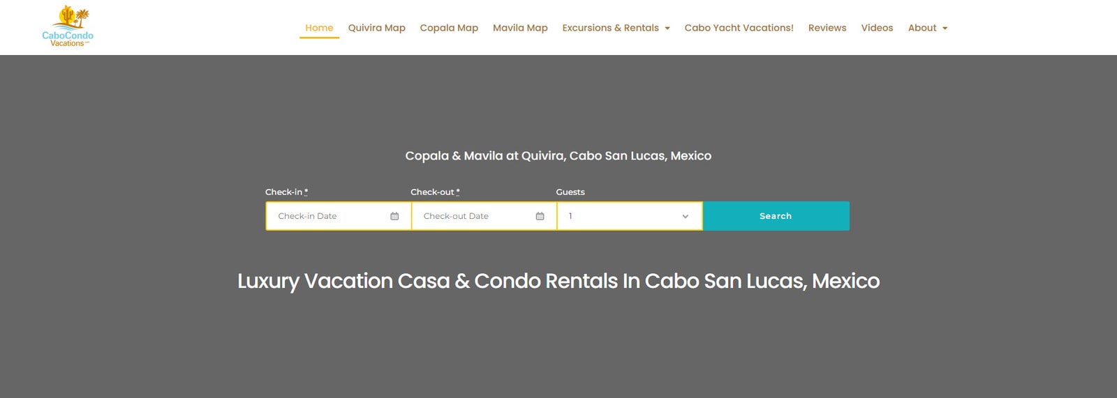 Representation of CaboCondoVacations, an impressive vacation rental website with a variety of pages for excursions and rental services.