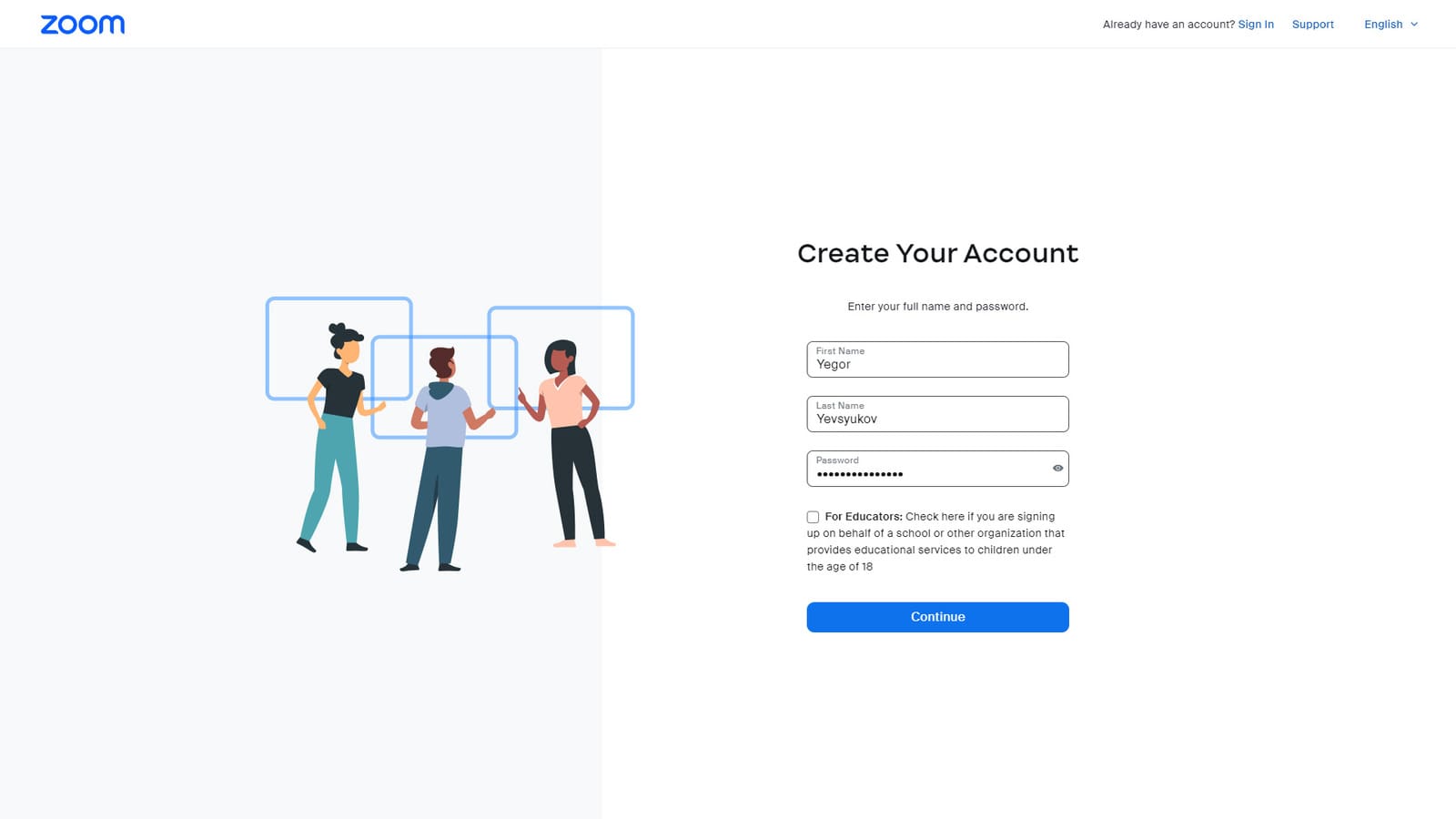 Graphic of a registration form required for new Zoom app users.