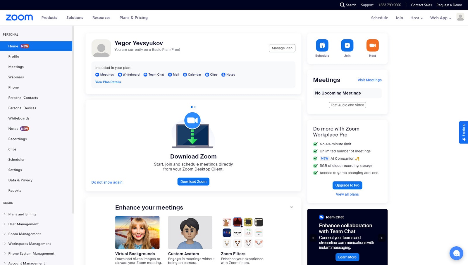 Visual of the app's website dashboard as seen by newly registered users interested in how to create a Zoom meeting.