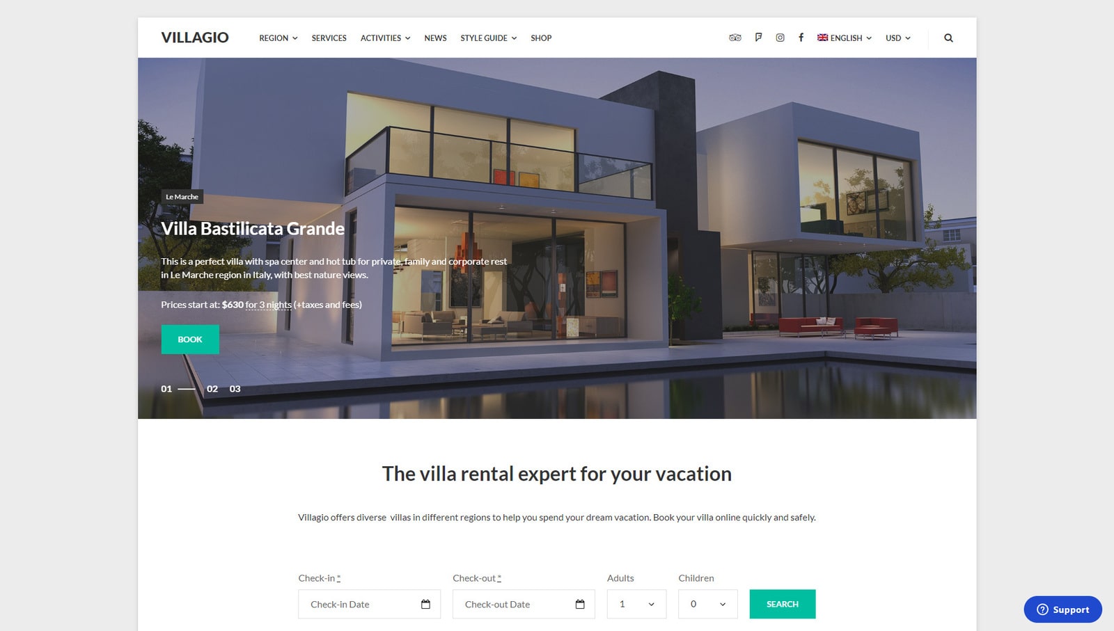 Snapshot of Villagio, a modern real estate & STR WordPress theme with support of multiple properties.