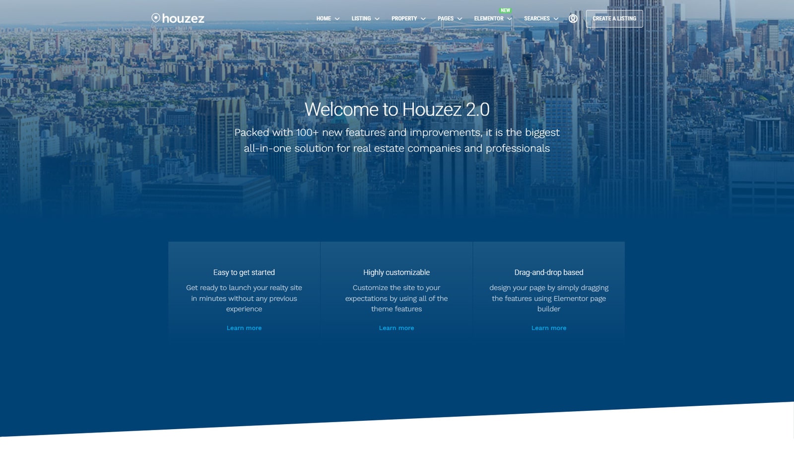 View of Houzez, an easy-to-use web design solution and one of WordPress real estate website examples with IDX/MLS data support.